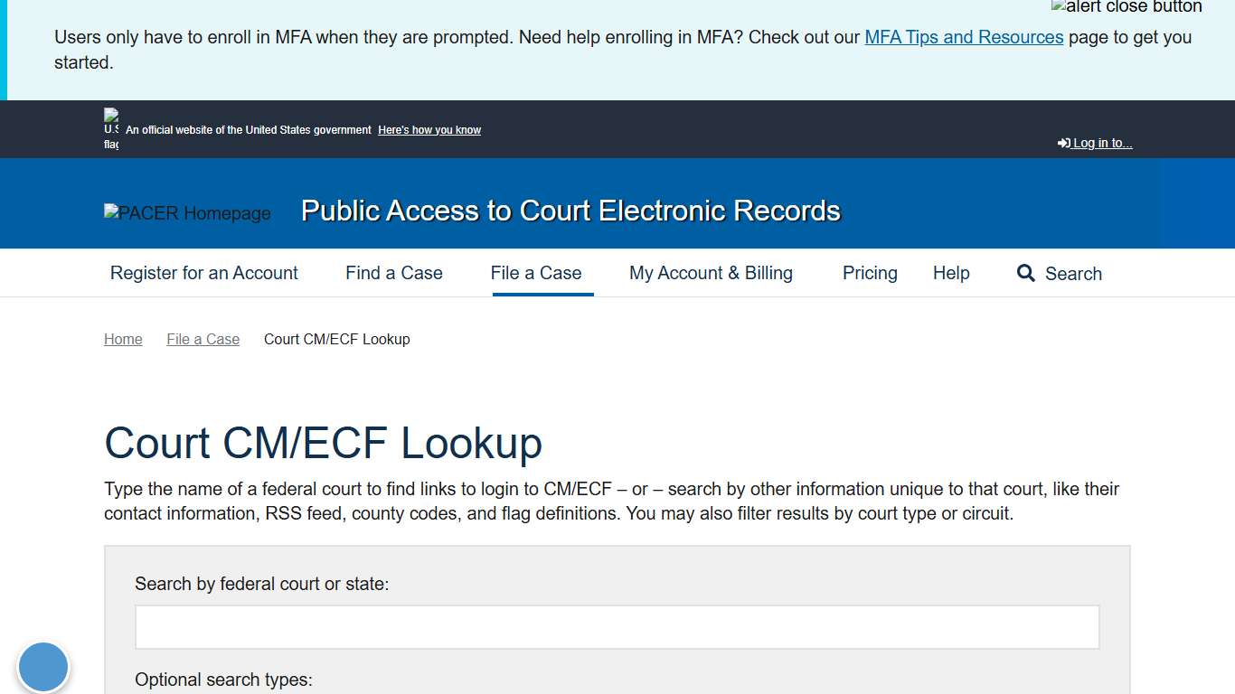 Court CM/ECF Lookup | PACER: Federal Court Records