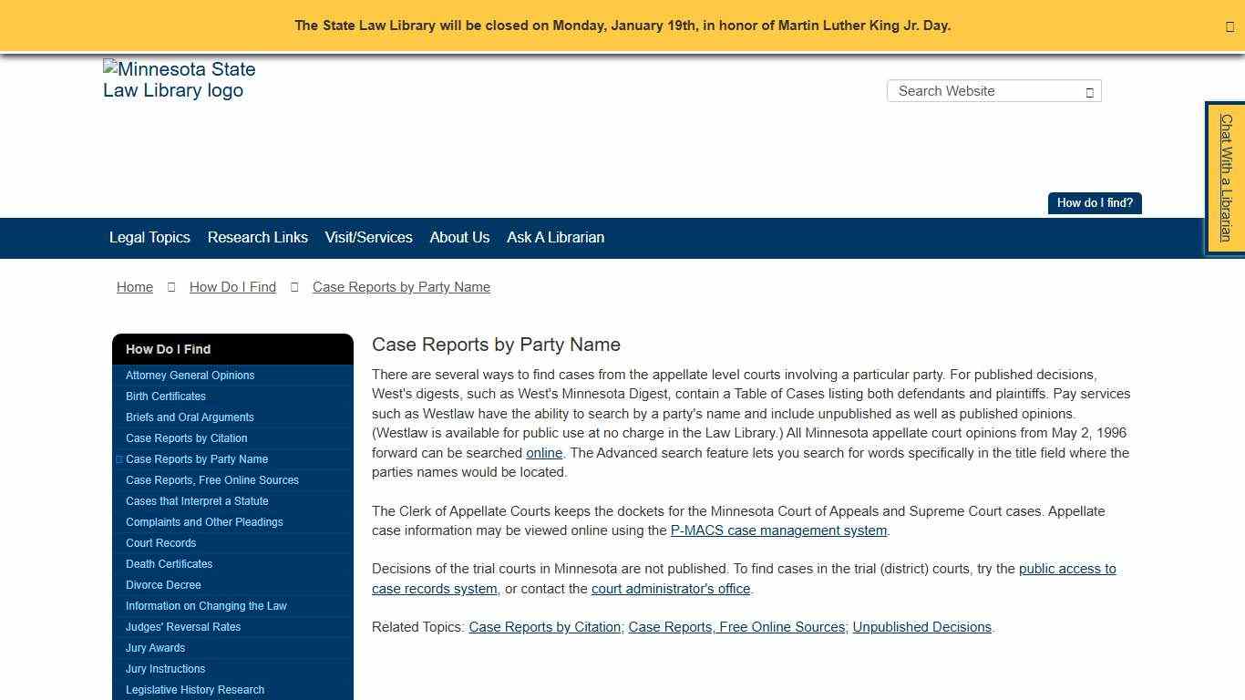 Case Reports by Party Name / Minnesota State Law Library